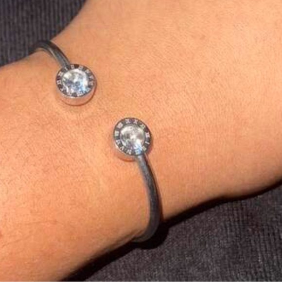 Luxury Roman Numerals Stainless Steel Cuff Inlaid Cubic Zirconia Bracelet - Picture 9 of 11